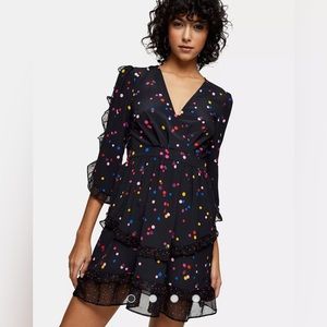 NWT Topshop Ruffle Multi Color Dot Print Mini Dress